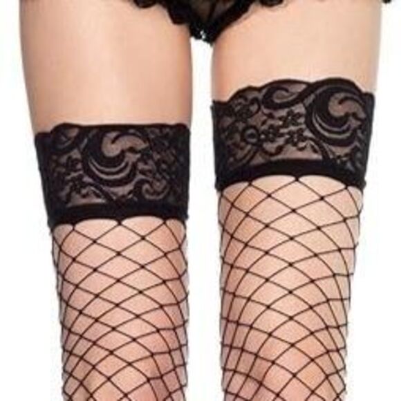 2 pc Leg Avenue Fencenet DIAMOND LACE TOPS Thigh High Stockings Rhinestone Thong - Picture 1 of 6